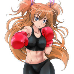 Rule 34 | 10s, 1girl, abs, bike shorts, blue eyes, boxing gloves, breasts, brown hair, covered erect nipples, eyelashes, fighting stance, hair ribbon, houjou hibiki, long hair, mameshiba (pixiv 59310), midriff, navel, precure, punching, ribbon, solo, sports bra, suite precure, tank top, toned, twintails, two side up