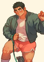 Rule 34 | 1boy, bara, black hair, blush, bulge, dark-skinned male, dark skin, dog, dolphin shorts, earrings, feet out of frame, hand up, hiding, hiding behind another, highres, holding, holding leash, jacket, jewelry, kim liong (shan), large pectorals, leash, leg hair, long sideburns, looking at viewer, male focus, muscular, muscular male, open clothes, open jacket, original, pectorals, shan (shanshankuo), shirt, short hair, shorts, shy, sideburns, socks, solo, thick eyebrows, thighs, topless male, white shirt