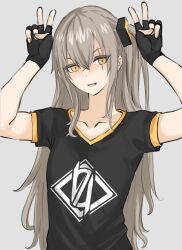 Rule 34 | 1girl, :d, absurdres, arms up, black gloves, black shirt, brown eyes, brown hair, collared shirt, double v, fingerless gloves, fuku (fuku12290574), girls&#039; frontline, gloves, grey background, grin, highres, long hair, looking at viewer, open mouth, scar, scar across eye, shirt, simple background, smile, solo, teeth, ump45 (girls&#039; frontline), upper body, v