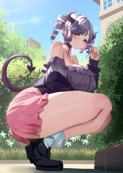 Rule 34 | 1girl, bag, bare shoulders, black footwear, blue sky, breasts, building, choker, closed mouth, cloud, commentary request, day, demon girl, demon horns, demon tail, drill hair, heart, highres, horns, huge breasts, indie virtual youtuber, looking at viewer, monobe yuri, nail polish, outdoors, pink skirt, purple eyes, purple hair, purple shirt, school bag, shirt, sidewalk, skirt, sky, smile, socks, solo, squatting, tail, thighs, twin drills, virtual youtuber, yuafilia channeri iv