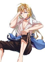 Rule 34 | 1boy, ahoge, akazateri, arm up, blonde hair, blue choker, blue eyes, brown pants, choker, clothes around waist, collarbone, commentary, feet out of frame, granblue fantasy, hand in own hair, hand on own knee, hand rest, long hair, looking to the side, male focus, naoise, open clothes, open shirt, pants, shirt, short sleeves, sidelocks, simple background, solo, white background, white shirt