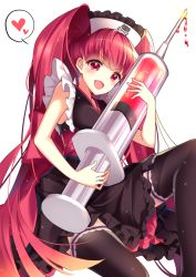 Rule 34 | 1girl, bad id, bad pixiv id, breasts, dress, frills, hat, highres, homaderi, homarerererere, injection, large syringe, long hair, looking at viewer, nurse cap, open mouth, oversized object, red eyes, red hair, sleeveless, solo, sound voltex ii infinite infection, sound voltex iii gravity wars, syringe, thighhighs, twintails