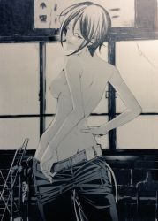 Rule 34 | 10s, 1girl, aoi fuuka, ass, black hair, breasts, butt crack, comic, denim, from behind, fuuka, greyscale, jeans, looking at viewer, looking back, medium breasts, monochrome, official art, open mouth, pants, seo kouji, short hair, smile, solo, standing, tomboy, topless
