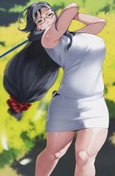 Rule 34 | 1girl, absurdres, bare shoulders, black hair, blurry, blurry background, breasts, closed mouth, commentary request, covered erect nipples, day, glasses, golf club, green eyes, hair ornament, highres, holding, huge breasts, lips, long hair, low-tied long hair, mature female, mole, mole under eye, original, outdoors, petals, semi-rimless eyewear, shiny skin, skirt, sleeveless, solo, thighs, visor cap, white skirt, yoshio (55level)