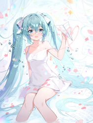 Rule 34 | 1girl, absurdres, apple caramel, aqua eyes, aqua hair, blush, bow, cherry blossoms, dress, flower, hair bow, hatsune miku, heart, heart of string, heart ribbon, highres, holding paper airplane, long hair, multiple hair bows, open mouth, paper airplane, pink flower, smile, solo, twintails, vocaloid, water drop, white bow, white dress