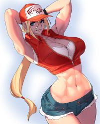 Rule 34 | 1girl, abs, armpits, arms behind head, baseball cap, blonde hair, blue eyes, breasts, commentary request, denim, denim shorts, fatal fury, genderswap, genderswap (mtf), gloves, hat, highres, jacket, large breasts, long hair, midriff, muscular, muscular female, navel, ogami, ponytail, shirt, shorts, sleeveless, sleeveless shirt, snk, snk heroines: tag team frenzy, solo, tank top, terry bogard, the king of fighters, thighs, vest