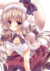 Rule 34 | 1girl, absurdres, animal ears, animal hat, arm up, blush, bow, bowtie, breasts, capelet, center frills, cleavage, commentary request, dress, ears down, frilled dress, frilled skirt, frills, fur-trimmed capelet, fur-trimmed gloves, fur-trimmed mittens, fur trim, gloves, hair between eyes, hair ornament, hair scrunchie, hat, highres, honoka chiffon, leaning forward, light brown hair, lips, long hair, looking at viewer, medium breasts, mittens, original, pink capelet, pink hat, purple bow, purple eyes, rabbit earmuffs, rabbit ears, rabbit hat, rabbit tail, red skirt, scrunchie, sidelocks, skirt, solo, tail, very long hair, wavy hair