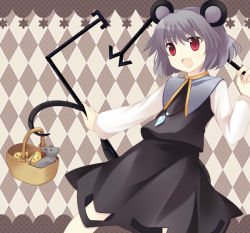 Rule 34 | 1girl, animal ears, bad id, bad pixiv id, basket, female focus, grey hair, jewelry, mouse (animal), mouse ears, mouse tail, nazrin, pendant, red eyes, short hair, solo, standing, tail, takase kanan, touhou