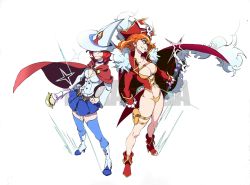 Rule 34 | 10s, 2girls, ankle boots, blue eyes, boots, breasts, cape, cleavage, company connection, crossover, flipped hair, from above, hat, lalaco godspeed, large breasts, little witch academia, looking at viewer, mature female, multiple girls, navel, pirate costume, pirate hat, pleated skirt, red hair, ringed eyes, shiny chariot, shiny rod (little witch academia), sketch, skirt, thighhighs, trait connection, transparent background, trigger (company), uchuu patrol luluco, witch hat, ya-mang