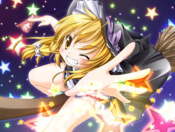 Rule 34 | 1girl, blonde hair, broom, broom riding, female focus, foreshortening, gradient background, grin, hat, kirisame marisa, masaki kei, one eye closed, outstretched arm, outstretched hand, reaching, smile, solo, touhou, wink, witch, witch hat