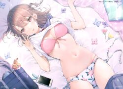 Rule 34 | 1girl, 6u (eternal land), absurdres, bag, bed sheet, blush, bow, bra, breasts, brown eyes, brown hair, candy, cellphone, charm (object), cleavage, floral print, flower, food, hair bow, highres, lifting own clothes, lollipop, looking at viewer, lying, medium breasts, navel, on back, original, phone, scan, school bag, short sleeves, short twintails, simple background, skirt, unworn skirt, smartphone, smile, solo, stomach, tongue, tongue out, twintails, underwear