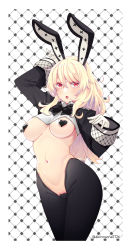 Rule 34 | 1girl, akino sora, animal ears, areola slip, arms up, black bow, black bowtie, black legwear, blonde hair, blush, bow, bowtie, breasts, cameltoe, cleft of venus, commentary, cropped jacket, fake animal ears, fake tail, gloves, heart maebari, heart pasties, highres, large breasts, long hair, long sleeves, looking at viewer, maebari, meme attire, navel, open mouth, original, pasties, rabbit ears, rabbit tail, red eyes, revealing clothes, reverse bunnysuit, reverse outfit, simple background, smile, solo, stomach, symbol-only commentary, tail, twitter username, white background