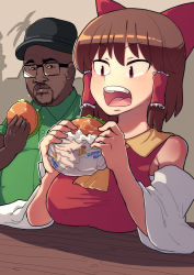 Rule 34 | 1boy, 1girl, bare shoulders, beard, big smoke, black-framed eyewear, black hair, black headwear, blush, bow, breasts, brown hair, burger, collared shirt, cookie (touhou), crossover, dark-skinned male, dark skin, detached sleeves, eating, facial hair, fat, fat man, food, fuka (kantoku), furrowed brow, glasses, grand theft auto, grand theft auto: san andreas, green shirt, hair bow, hair tubes, hakurei reimu, hat, highres, holding, holding food, indoors, large breasts, looking at another, medium hair, nontraditional miko, open mouth, rectangular eyewear, red bow, red eyes, red shirt, reu (cookie), shadow, shiny skin, shirt, short sleeves, sidelocks, sleeveless, sleeveless shirt, tareme, teeth, tongue, touhou, upper teeth only, very dark skin, wrapper, yellow collar