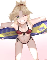 Rule 34 | absurdres, bikini, blonde hair, fate/grand order, fate (series), front-tie bikini top, front-tie top, gradient background, green eyes, halterneck, highres, holding, holding behind back, leaning forward, mordred (fate), mordred (fate) (all), mordred (fate/apocrypha), mordred (swimsuit rider) (fate), mordred (swimsuit rider) (first ascension) (fate), one eye closed, pink background, red bikini, side-tie bikini bottom, simple background, smile, solo, surato, surfboard, swimsuit, updo, white background