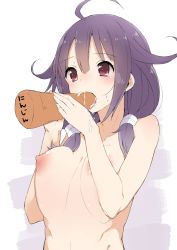 Rule 34 | 10s, 1girl, ahoge, akiha (attract), bad id, bad twitter id, blush, breasts, carrot, eating, female focus, kantai collection, kskasutera, large breasts, long hair, nipples, puffy nipples, purple eyes, purple hair, sexually suggestive, solo, taigei (kancolle), text focus, topless frame, translated, upper body