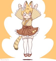 Rule 34 | 1girl, animal ears, arms up, blonde hair, cat ears, cat girl, cat tail, coroha, extra ears, full body, hair ornament, japanese clothes, japari symbol, jumping, kemono friends, kimono, looking at viewer, orange background, sandals, serval (kemono friends), short hair, simple background, solo, tail, thighhighs, zouri