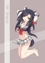 Rule 34 | 1girl, animal ears, arms behind head, arms up, azur lane, barefoot, black hair, blush, breasts, character name, cleavage, commentary request, fang, full body, highres, kneeling, long hair, looking at viewer, medium breasts, microskirt, navel, open mouth, orange eyes, pleated skirt, school uniform, serafuku, shigure (azur lane), simple background, skirt, slit pupils, solo, tail, the hermit, wolf ears, wolf tail
