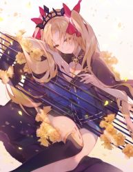 Rule 34 | 1girl, arm rest, between breasts, black cape, black dress, black thighhighs, blonde hair, breasts, cape, closed mouth, commentary request, dress, ereshkigal (fate), eyes visible through hair, fate/grand order, fate (series), flower, hair ribbon, head tilt, long hair, medium breasts, miyuki (miyuki0529), red ribbon, ribbon, single thighhigh, skull, smile, solo, spine, thighhighs, tiara, tohsaka rin, two side up, very long hair, yellow eyes, yellow flower