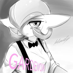 Rule 34 | 1girl, absurdres, album cover redraw, artist name, ashraely, bad id, bad pixiv id, blush, bob cut, bow, bowtie, breasts, character name, closed mouth, clothed pokemon, creatures (company), derivative work, english text, female focus, game freak, gardevoir, gen 3 pokemon, gradient background, grey background, greyscale, hair over one eye, highres, looking at viewer, medium breasts, monochrome, nintendo, pokemon, pokemon (creature), shirt, short hair, signature, simple background, sketch, sleeves rolled up, solo, spot color, suspenders, sweat, upper body, wavy mouth