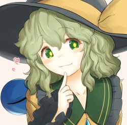 Rule 34 | 1girl, :3, black hat, blush, buttons, collar, collarbone, collared shirt, commentary request, eyeball, finger to mouth, finger to own chin, frilled collar, frilled sleeves, frills, green eyes, green hair, hair between eyes, hat, hat ribbon, heart, index finger raised, komeiji koishi, long sleeves, looking at viewer, naughty face, one eye closed, orange background, ribbon, shirt, short hair, sidelocks, simple background, smile, solo, third eye, touhou, uisu (noguchipint), upper body, wavy hair, wide sleeves, yellow ribbon, yellow shirt