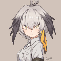 Rule 34 | 10s, 1girl, artist name, bird wings, breast pocket, closed mouth, collared shirt, expressionless, feathered wings, green eyes, grey hair, grey shirt, hair between eyes, head wings, ivan wang, kemono friends, looking at viewer, low ponytail, multicolored hair, necktie, pocket, shirt, shoebill (kemono friends), short sleeves, solo, staring, white necktie, wings