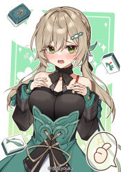 Rule 34 | 1girl, bare shoulders, black bow, black dress, blush, bow, braid, breasts, brown hair, cleavage, collarbone, commentary request, detached sleeves, dress, flying sweatdrops, green dress, green eyes, hair between eyes, hair intakes, hair ornament, hairclip, hands up, heart, highres, honkai: star rail, honkai (series), large breasts, long hair, long sleeves, low twintails, mahjong, mahjong tile, open mouth, puffy long sleeves, puffy sleeves, qingque (honkai: star rail), sleeves past wrists, solo, spoken thumbs up, tears, twintails, very long hair, wavy mouth, yuxian youka