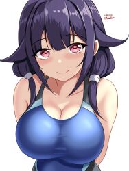 Rule 34 | 1girl, black one-piece swimsuit, blue one-piece swimsuit, blush, breasts, cleavage, collarbone, competition swimsuit, covered navel, dated, hair flaps, highres, kantai collection, large breasts, long hair, looking at viewer, low twintails, montemasa, one-hour drawing challenge, one-piece swimsuit, purple hair, red eyes, simple background, smile, solo, swimsuit, taigei (kancolle), twintails, twitter username, two-tone swimsuit, upper body, white background