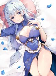 Rule 34 | 1girl, blue dress, blue eyes, blue hair, blue lotus (flower knight girl), blush, breasts, china dress, chinese clothes, cleavage, cleavage cutout, closed mouth, clothing cutout, commentary, commission, dress, flower knight girl, gold trim, hand on own chest, highres, kakerayuri, large breasts, long hair, lying, mole, mole under eye, on back, on bed, petals, pillow, short sleeves, skeb commission, smile, solo, thighs, underwear, white background