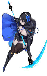 Rule 34 | 1girl, absurdres, black dress, black hair, black thighhighs, blue bow, blue eyes, boots, bow, breasts, capelet, cleavage, closed mouth, commentary request, dress, fingerless gloves, full body, gloves, hairband, highres, holding, holding weapon, kumiko shiba, leg up, lips, long sleeves, looking away, medium breasts, pale skin, phantasy star, phantasy star online 2, scythe, shiny skin, short dress, short hair, simple background, solo, thighhighs, weapon, white background, zettai ryouiki