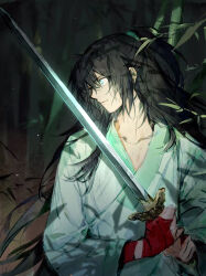 Rule 34 | 1boy, aqua eyes, bamboo, black hair, chinese clothes, closed mouth, dao, hanfu, heterochromia, highres, holding, holding sword, holding weapon, hong lu (project moon), leaf, limbus company, long hair, mugglesix, project moon, solo, sword, upper body, very long hair, weapon, white tunic