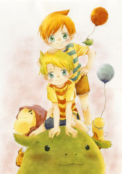 Rule 34 | 2boys, balloon, blonde hair, brothers, brown hair, claus (mother 3), doseisan, draco, frog, green eyes, hand on another&#039;s head, hand on own hip, ichiyo (ichiyon), lucas (mother 3), male focus, mother (game), mother 3, multiple boys, nintendo, shirt, siblings, smile, socks, striped clothes, striped shirt, twins, white legwear