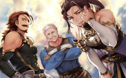 Rule 34 | 10s, 3boys, adjusting hair, bare shoulders, beard, blue eyes, crossed arms, dutch angle, eugene (granblue fantasy), eyepatch, facial hair, granblue fantasy, grin, haneten kagatsu, jin (granblue fantasy), leaning forward, looking at viewer, male focus, multiple boys, muscular, mustache, old, old man, ponytail, smile, soriz, white hair