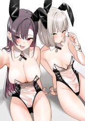 Rule 34 | 2girls, animal ears, black hair, black leotard, black nails, blush, breasts, cleavage, detached collar, ear piercing, earrings, fake animal ears, from above, grey hair, groin, highleg, highleg leotard, highres, jewelry, large breasts, leotard, long-haired girl (motto notto), long hair, looking at viewer, motto notto, multicolored hair, multiple girls, nail polish, original, outstretched arm, piercing, playboy bunny, rabbit ears, red eyes, sitting, smile, strapless, strapless leotard, two-tone leotard, wrist cuffs