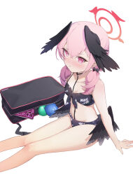 Rule 34 | 1girl, bag, bikini, black bag, black bikini, black bow, black wings, blue archive, bow, breasts, closed mouth, collarbone, commentary, daika!!, feathered wings, feet out of frame, floral print, front-tie bikini top, front-tie top, hair bow, hair over shoulder, halo, head wings, highres, koharu (blue archive), koharu (swimsuit) (blue archive), long hair, looking at viewer, low twintails, low wings, official alternate costume, pink eyes, pink hair, pout, print bikini, red halo, simple background, sitting, small breasts, solo, swimsuit, twintails, white background, wings