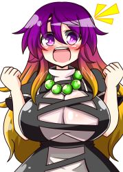 Rule 34 | 1girl, :d, ^^^, beads, black dress, blonde hair, blush, breasts, cleavage, clenched hands, cross-laced clothes, dress, gradient hair, hair between eyes, happy, highres, hijiri byakuren, jewelry, large breasts, long hair, looking at viewer, multicolored hair, necklace, no nose, open mouth, puffy short sleeves, puffy sleeves, purple eyes, purple hair, rindou (p41neko), short sleeves, sidelocks, simple background, smile, solo, touhou, turtleneck, upper body, very long hair, white background