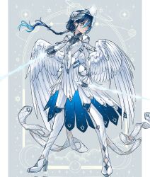 Rule 34 | 1girl, androgynous, armor, blue dress, blue hair, boots, bow, braid, dress, feathered wings, floating hair, full body, grey background, hair bow, hair wings, high heel boots, high heels, highres, holding, holding sword, holding weapon, looking to the side, original, sabuneko2645, standing, star (symbol), star print, sword, teardrop, two-tone dress, weapon, white dress, wide sleeves, wings