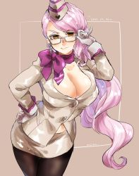 Rule 34 | 1girl, breasts, choker, commentary request, cowboy shot, earrings, eyewear strap, fate/grand order, fate (series), formal, glasses, gloves, hand on own hip, hat, highres, jewelry, koyanskaya (fate), koyanskaya (foreigner) (first ascension) (fate), large breasts, long hair, looking at viewer, mei dou, midriff peek, pantyhose, pink hair, ribbon, ribbon choker, smile, solo, tamamo (fate), very long hair, white gloves, yellow eyes
