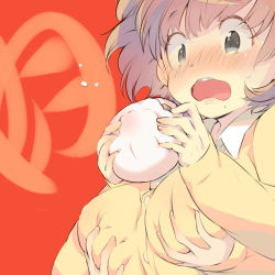 Rule 34 | 1girl, :o, bad id, bad pixiv id, baozi, blush, brown hair, buttons, collared shirt, food, gin (oyoyo), grabbing, grabbing another&#039;s breast, grabbing from behind, grey eyes, holding, holding food, long sleeves, meat, nose blush, open mouth, original, shirt, short hair, simple background, solo focus, upper body, wavy mouth, yellow shirt