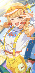 Rule 34 | 1girl, ;d, absurdres, bead necklace, beads, blonde hair, blush, commentary, confetti, cross-laced clothes, fang, fujita kotone, gakuen idolmaster, highres, idolmaster, jewelry, jumping, juu 10, long hair, looking at viewer, midriff, necklace, one eye closed, open mouth, shirt, short sleeves, shorts, skin fang, smile, solo, v, v over eye, visor cap, white shirt, yellow big bang (idolmaster), yellow eyes, yellow shorts