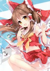Rule 34 | 1girl, absurdres, bare shoulders, bow, brown eyes, brown hair, collarbone, fingernails, hair bow, hair ornament, hair tubes, hakurei reimu, highres, looking at viewer, mochizuki shiina, navel, open mouth, scan, shiny skin, simple background, skirt, smile, solo, stomach, thighs, touhou, water, water drop, wide sleeves, yellow bow