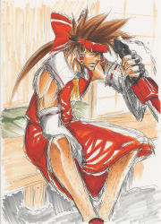Rule 34 | 1boy, arc system works, bad id, bad pixiv id, cosplay, crossdressing, detached sleeves, guilty gear, hairy legs, hakurei reimu, hakurei reimu (cosplay), highres, japanese clothes, male focus, manly, miko, sarme, sol badguy, solo, sword, touhou, weapon