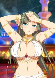 Rule 34 | 1girl, arabian clothes, armband, armlet, armpits, arms up, blue eyes, blush, breasts, brooch, building, city lights, cleavage, come hither, criss-cross halter, fuga (senran kagura), gem, gold, gold bracelet, gold choker, gold necklace, gold trim, green hair, groin, halterneck, harem outfit, jewelry, large breasts, linea alba, long hair, looking at viewer, middle eastern architecture, mole, mole under eye, navel, neck ring, necklace, night, night sky, official art, open mouth, outdoors, parted lips, red gemstone, senran kagura, senran kagura new link, senran kagura new wave, shiny skin, sky, solo, star (sky), starry sky, wide hips, window, yaegashi nan