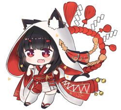 Rule 34 | 1girl, :d, animal ear fluff, animal ears, azur lane, bailingxiao jiu, bell, black footwear, blush, cat ears, cat girl, cat tail, chibi, ears through headwear, fang, full body, hood, hood up, japanese clothes, jingle bell, kimono, long sleeves, looking away, obi, open mouth, red eyes, sandals, sash, simple background, sleeveless, sleeveless kimono, smile, solo, standing, tail, thick eyebrows, thighhighs, white background, white kimono, white sleeves, white thighhighs, wide sleeves, yamashiro (azur lane), yamashiro (bridal attack!) (azur lane), zouri