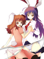 Rule 34 | 2girls, animal ears, ass, fang, female focus, holding hands, inaba tewi, ippongui, multiple girls, open mouth, page tear, panties, rabbit ears, rabbit girl, rabbit tail, red eyes, reisen udongein inaba, revealing layer, side-tie panties, striped clothes, striped panties, tail, thighhighs, touhou, underwear