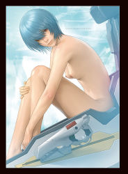 Rule 34 | 1girl, albino, ayanami rei, blue hair, breasts, cockpit, commentary request, completely nude, english text, from side, full body, hair between eyes, hand on own knee, knees up, leaning forward, legs, looking at viewer, looking to the side, medium hair, neon genesis evangelion, nipples, nude, red eyes, sitting, small breasts, solo, watanabe yasuaki