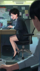 Rule 34 | 1boy, 1girl, black hair, blurry, blurry foreground, business suit, chainsaw man, chair, coat, fatzhai, formal, hair ornament, hairclip, higashiyama kobeni, high heels, highres, id card, keyboard (computer), lanyard, looking at another, looking at object, looking to the side, office, office chair, office lady, open mouth, overcoat, pencil skirt, short hair, short ponytail, single sidelock, skirt, skirt suit, solo focus, suit, sweat, swivel chair