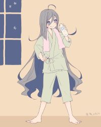 Rule 34 | 10s, 1girl, ahoge, alternate hairstyle, barefoot, blue hair, bottle, colis, commentary request, full body, grey eyes, grey hair, hair between eyes, hand on own hip, indoors, kantai collection, kiyoshimo (kancolle), long hair, multicolored hair, night, pajamas, smile, solo, standing, star (sky), towel, towel around neck, twitter username, very long hair, window