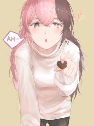 Rule 34 | 1girl, alternate costume, blush, brown eyes, brown hair, chocolate, hair between eyes, heart, heterochromia, highres, leaning forward, long hair, looking at viewer, multicolored hair, multicolored nails, nail polish, neo politan, open mouth, pink eyes, pink hair, rwby, solo, split-color hair, sweater, tl (xdd), turtleneck, yellow background