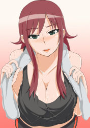 Rule 34 | 1girl, akana rui, artist request, bare shoulders, black eyes, blush, breasts, chousoku henkei gyrozetter, cleavage, covered erect nipples, female focus, gradient background, large breasts, long hair, looking at viewer, no bra, open mouth, red hair, solo, sweat, towel, upper body, white background