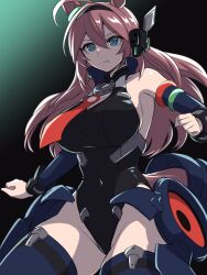 Rule 34 | 1girl, alternate color, animal ears, black background, black leotard, black thighhighs, breasts, brown eyes, brown hair, commentary request, detached sleeves, gradient background, green eyes, hairband, headgear, horse ears, horse girl, horse tail, large breasts, leotard, long hair, looking at viewer, machinery, mihono bourbon (umamusume), necktie, pataneet, red necktie, solo, standing, tail, thighhighs, turtleneck, umamusume